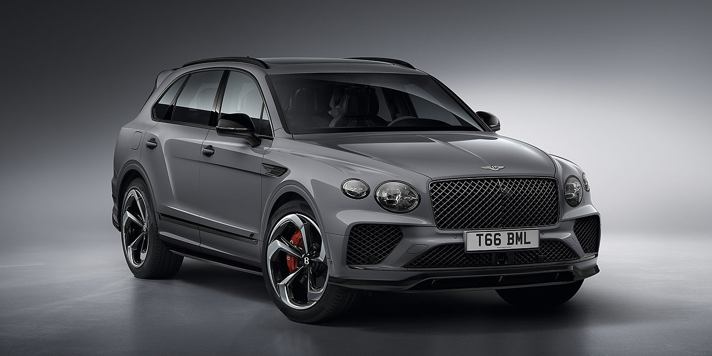 Bentley Jinhua Bentley Bentayga S in Cambrian Grey paint front three - quarter view with dark chrome matrix grille and featuring elliptical LED matrix headlights. 
