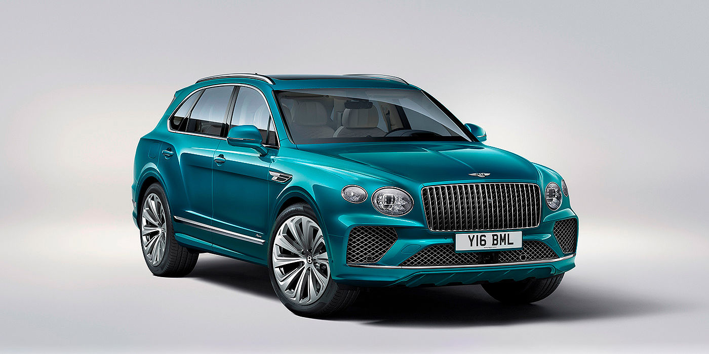 Bentley Jinhua Bentley Bentayga Azure front three-quarter view, featuring a fluted chrome grille with a matrix lower grille and chrome accents in Topaz blue paint.
