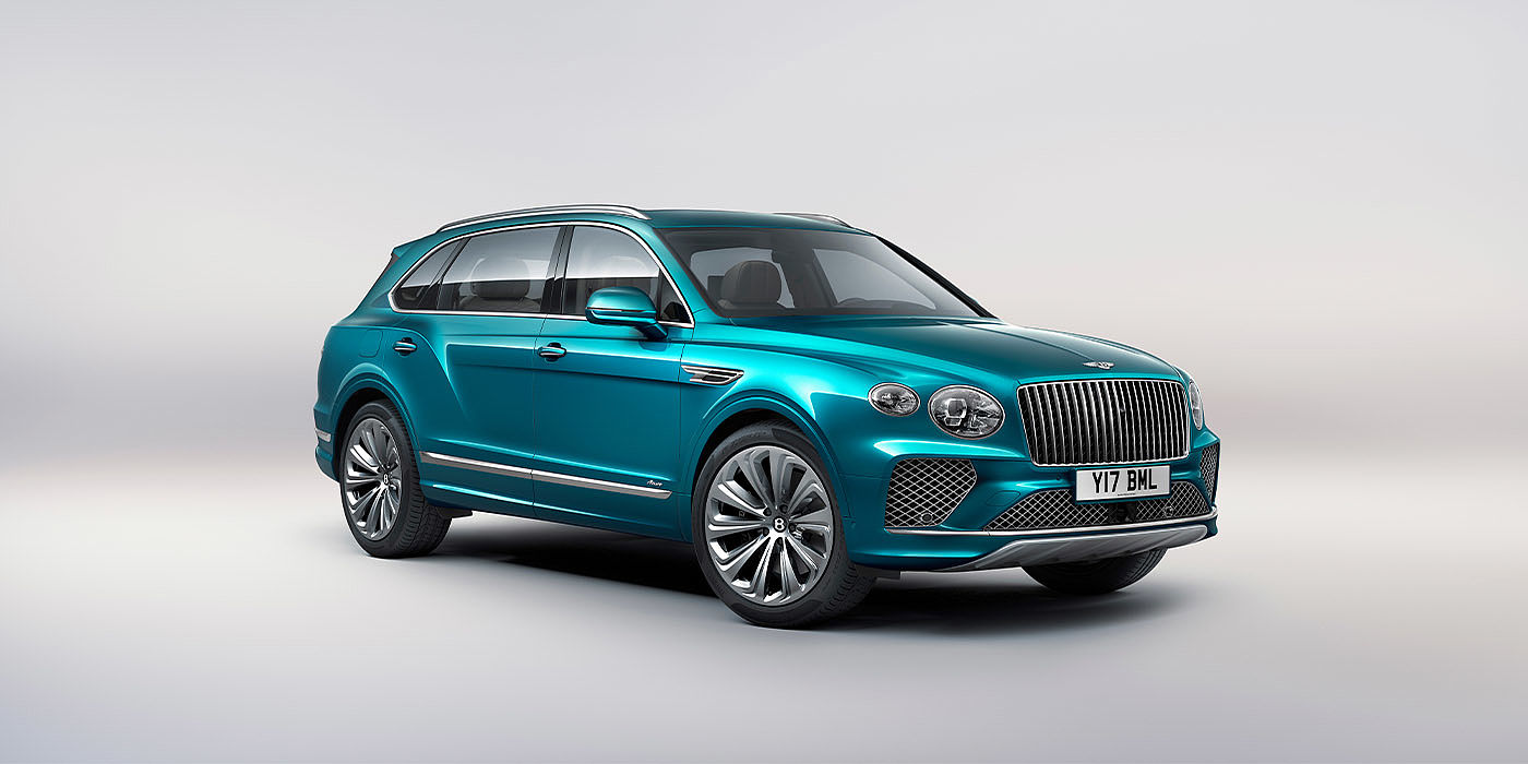 Bentley Jinhua Bentley Bentayga EWB Azure front three-quarter view, featuring a fluted chrome grille with a matrix lower grille and chrome accents in Topaz blue paint.