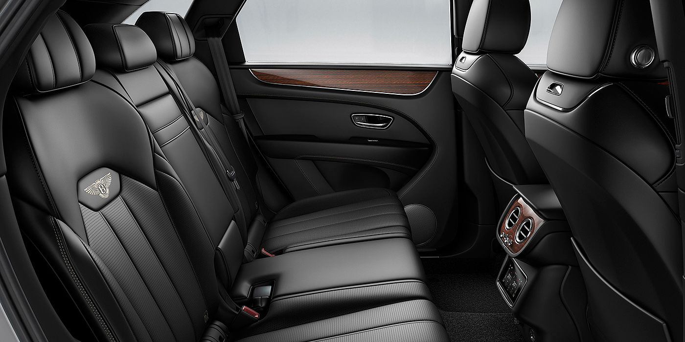 Bentley Jinhua Bentey Bentayga interior view for rear passengers with Beluga black hide.
