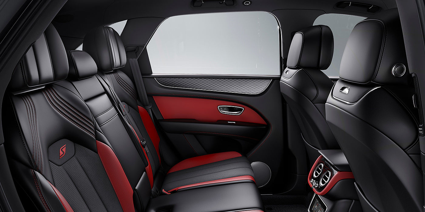Bentley Jinhua Bentey Bentayga S interior view for rear passengers with Beluga black and Hotspur red coloured hide.