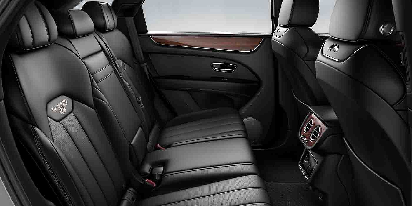 Bentley Jinhua Bentley Bentayga EWB interior view for rear passengers with Beluga black hide.